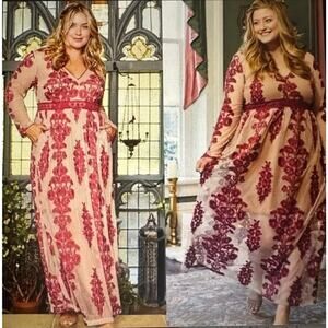 Long Sleeve V-Neck Maxi Dress with Red Floral Embroidery